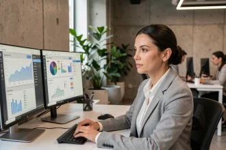 Femme professionnelle analysant des tableaux de bord d'intelligence artificielle sur des écrans dans un bureau moderne