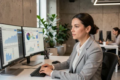 Femme professionnelle analysant des tableaux de bord d'intelligence artificielle sur des écrans dans un bureau moderne