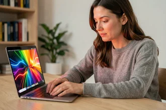 Femme travaillant sur un ordinateur portable OLED avec des couleurs vives dans un bureau minimaliste à domicile
