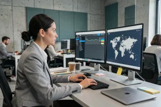 Femme professionnelle utilisant un réseau privé virtuel VPN sur un poste de travail en open space moderne
