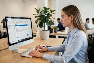 Femme professionnelle configurant une signature personnalisée dans Outlook sur un ordinateur de bureau en open space
