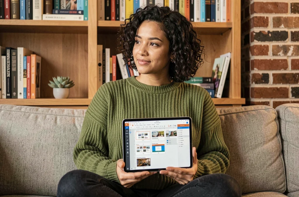 Jeune femme personnalisant des modèles de diapositives PowerPoint sur tablette à domicile