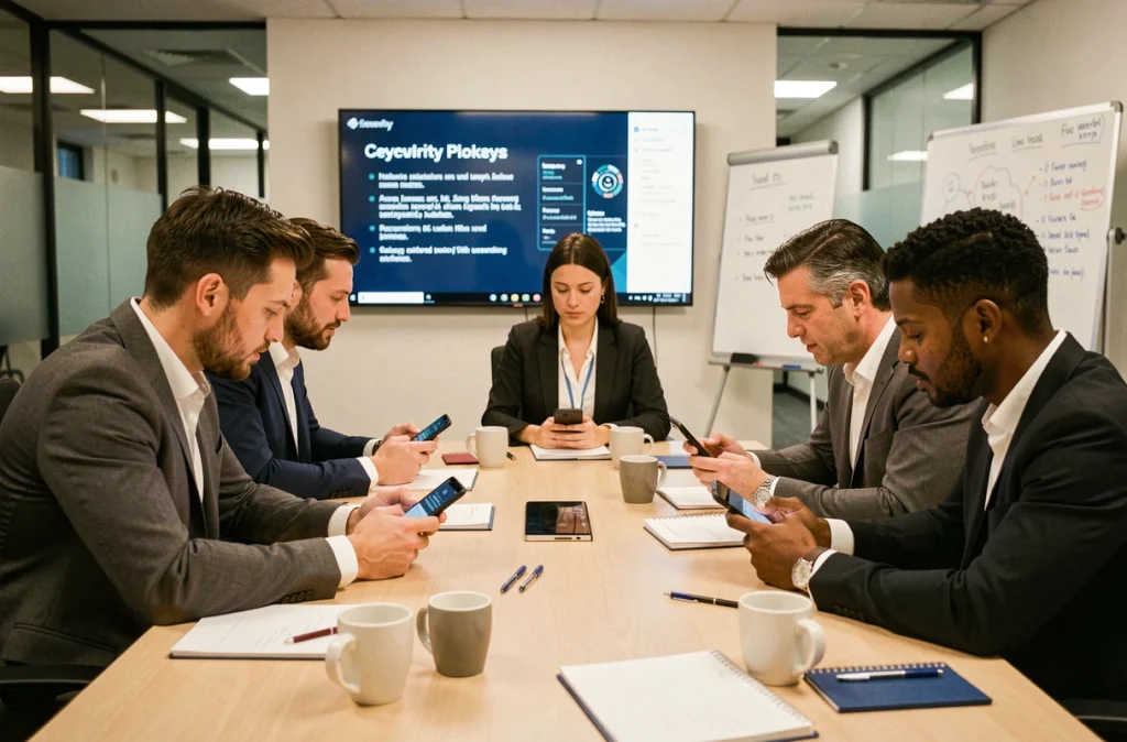 Groupe de professionnels en réunion d'entreprise apprenant à utiliser l'authentification à deux facteurs sur leurs smartphones