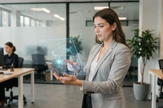 Femme en entreprise utilisant une tablette avec réalité augmentée pour une formation professionnelle en bureau moderne