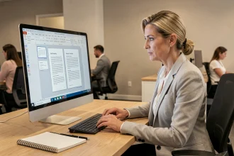 Professionnelle en blazer gris gérant des modèles de documents Word sur un écran d'ordinateur dans un bureau moderne