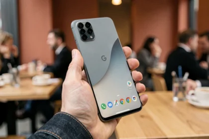 Un homme tenant un smartphone Google Pixel 8 dans un café moderne, vue en gros plan sur le design et le module caméra du téléphone