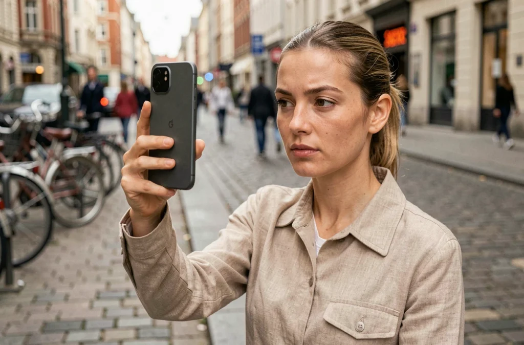 Une femme utilisant un smartphone Google Pixel pour photographier dans une rue pavée européenne, illustrant les capacités photo améliorées du Pixel 8a
