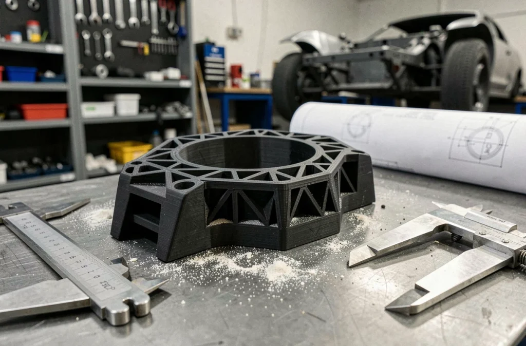 Gros plan d'un support de boîte de vitesses imprimé en 3D en résine noire sur un établi d'atelier automobile