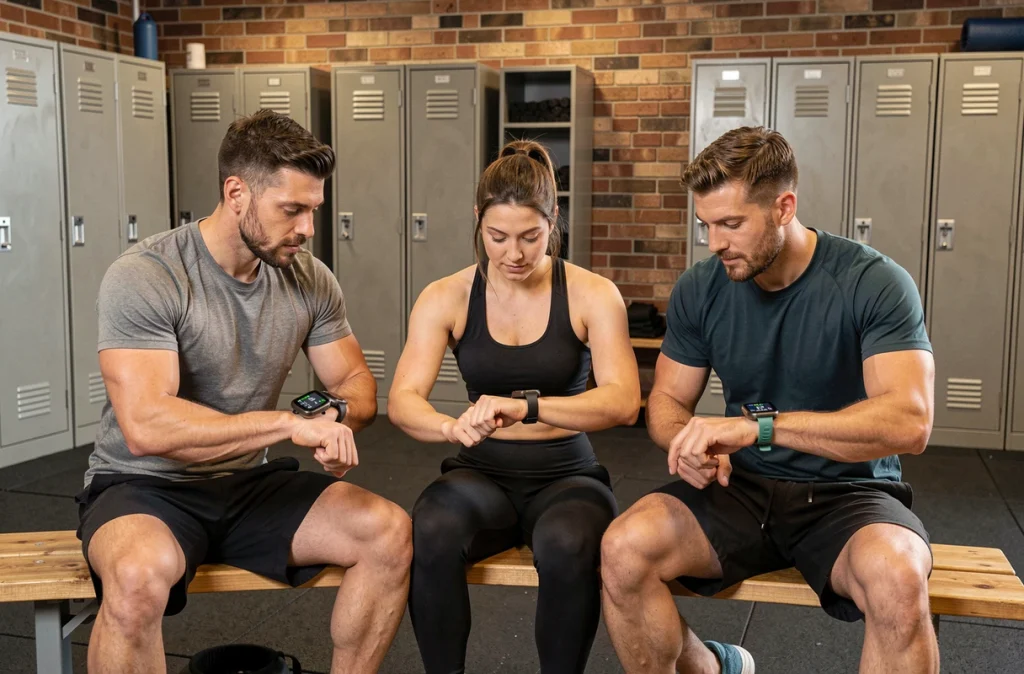 Groupe d'athlètes comparant leurs données de récupération sur des montres connectées dans un vestiaire de salle de sport