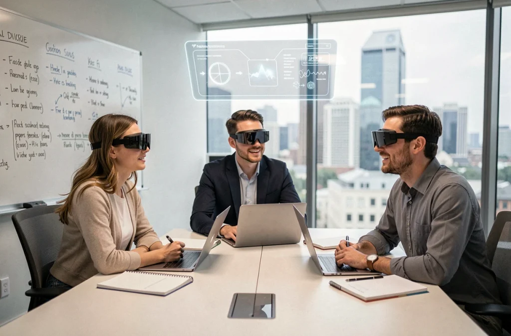 Groupe de professionnels en salle de formation portant des lunettes de réalité augmentée autour d'une table de conférence