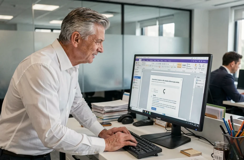 Homme en bureau d'entreprise montrant le caractère Ç sur l'écran d'un logiciel de traitement de texte