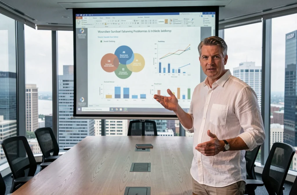 Homme présentant un diaporama PowerPoint avec des graphiques avancés en salle de conférence