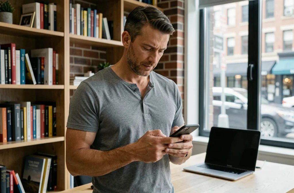 Homme en télétravail tenant son smartphone personnel avec un ordinateur professionnel en arrière-plan, questionnant l'utilisation d'applications professionnelles sur mobile privé