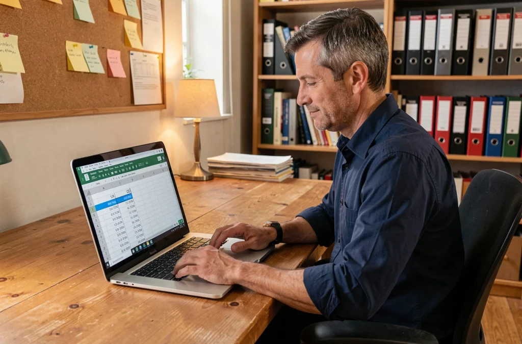Homme en télétravail utilisant Excel pour calculer la soustraction d'heures et le temps de travail sur laptop