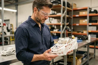Ingénieur automobile examinant une pièce imprimée en 3D dans une usine moderne