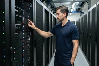 Ingénieur informatique inspectant des serveurs en rack dans une salle de serveurs professionnelle