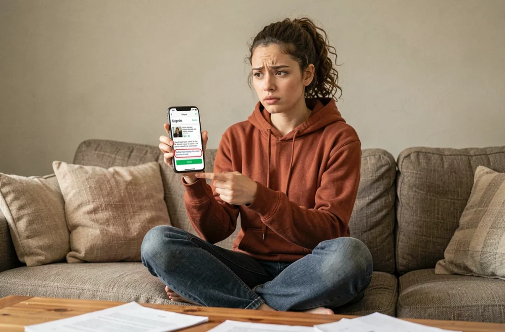 Jeune femme sur un canapé examinant un email de phishing bancaire sur son smartphone dans un salon moderne