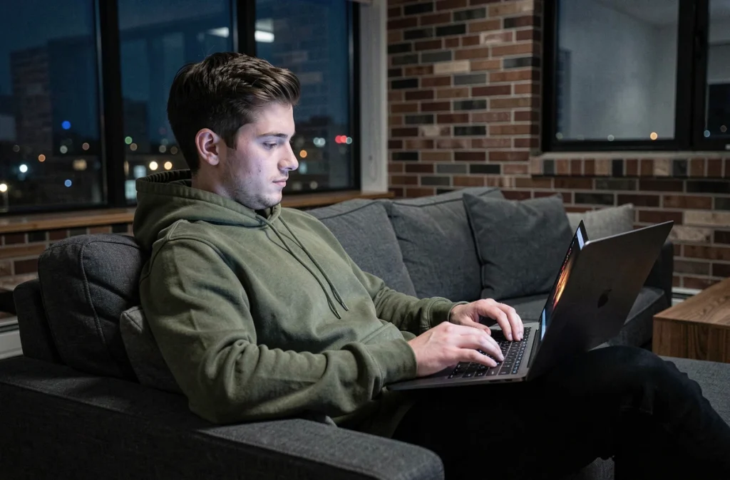 Jeune homme utilisant un ordinateur portable à écran OLED sur un canapé dans un appartement urbain en soirée