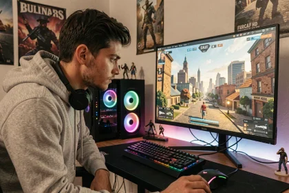 Joueur en ligne concentré devant un écran de jeu vidéo en monde ouvert dans une configuration gaming moderne