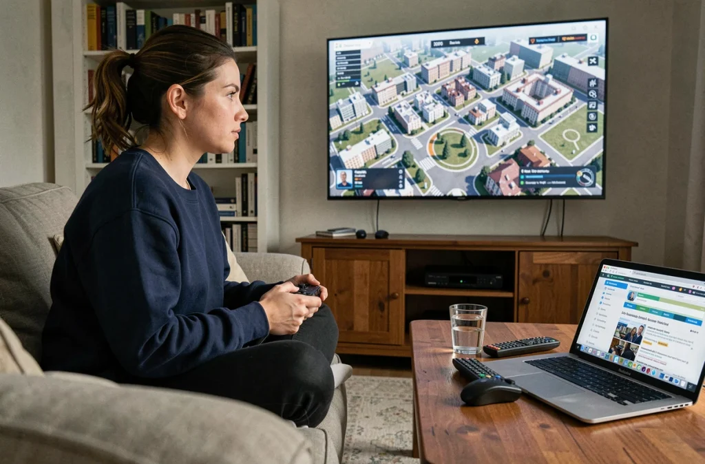 Joueuse utilisant une manette de jeu devant un grand écran affichant une carte de jeu en ligne dans un salon