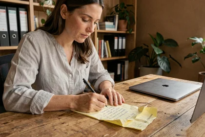 Femme rédigeant une liste de tâches manuscrite sur un bloc-notes jaune dans un bureau à domicile, prête à être numérisée sur Trello