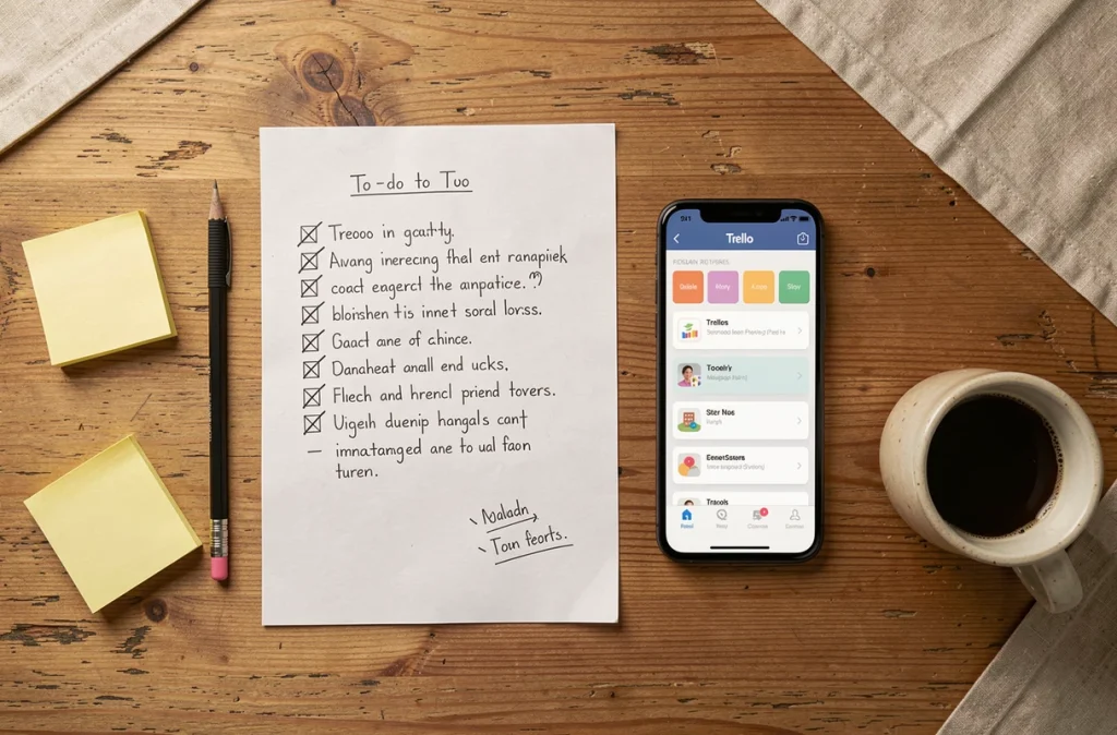 Vue à plat d'une liste de tâches manuscrite posée à côté d'un smartphone affichant l'application Trello, illustrant la transition du papier au numérique