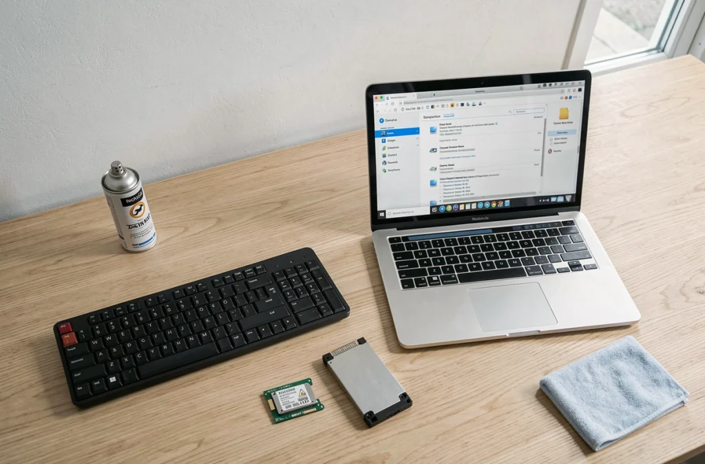 Vue du dessus d'un bureau avec SSD, clavier et logiciel de nettoyage pour optimiser les performances d'un ordinateur