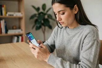 Femme consultant une notification de mise à jour de sécurité sur son smartphone dans un bureau à domicile