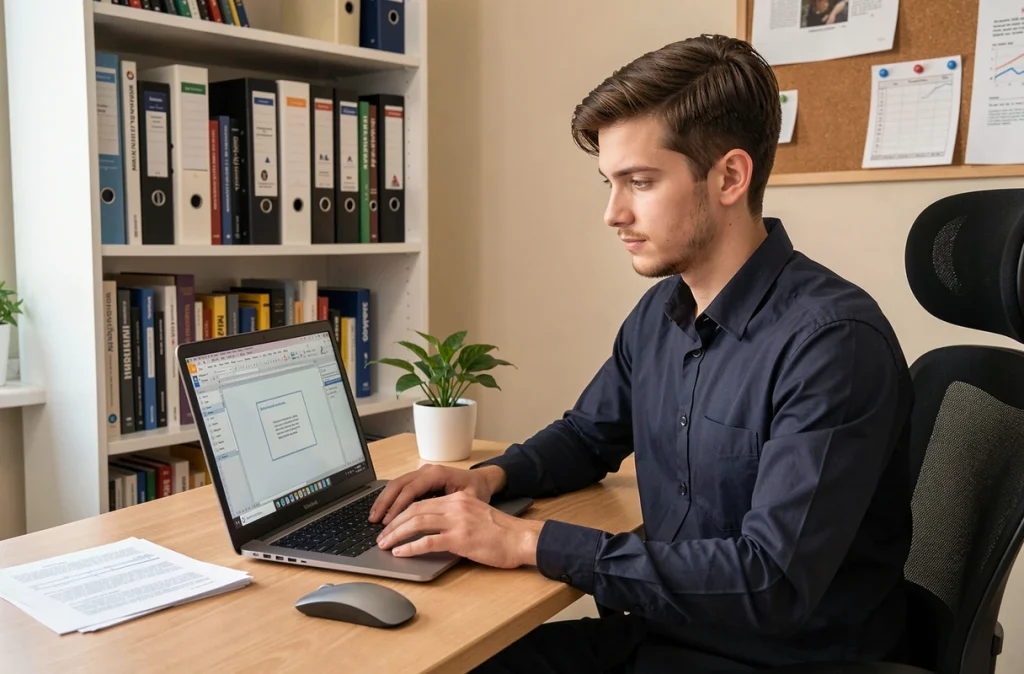 Jeune homme travaillant sur des modèles de rapports Word depuis un bureau à domicile bien organisé