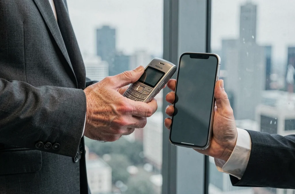 Comparaison entre un Nokia 8800 vintage et un smartphone moderne tenus par un homme en costume, bureau avec vue urbaine