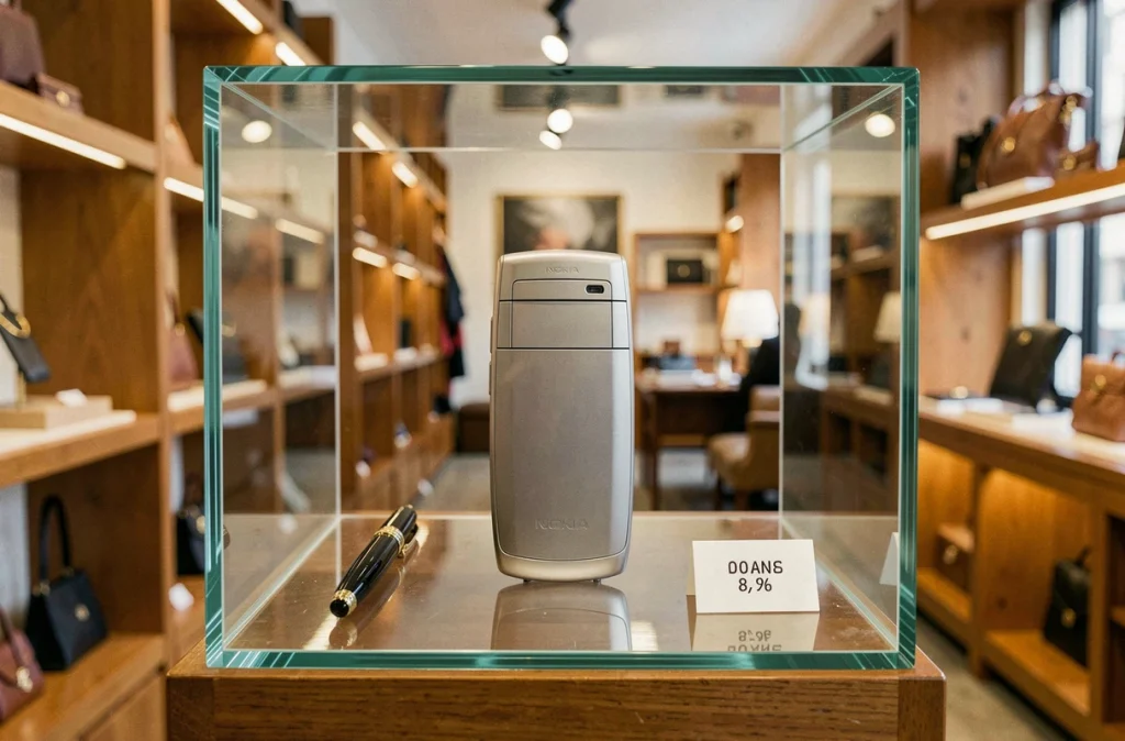 Nokia 8800 exposé dans une vitrine de boutique de luxe d'occasion avec étiquette de prix, ambiance collector haut de gamme