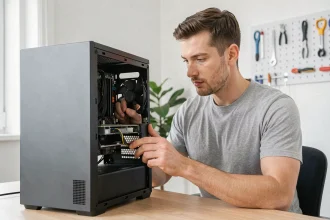 Technicien ouvrant un boîtier d'ordinateur de bureau pour optimiser ses composants internes dans un bureau home office organisé