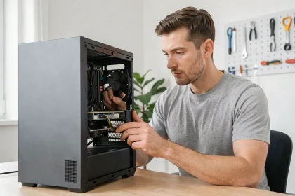 Technicien ouvrant un boîtier d'ordinateur de bureau pour optimiser ses composants internes dans un bureau home office organisé