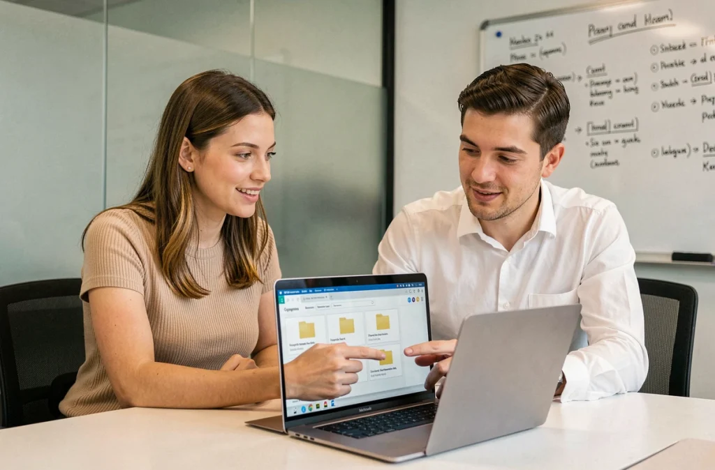 Deux collègues collaborant sur l'organisation de fichiers numériques lors d'une réunion de bureau