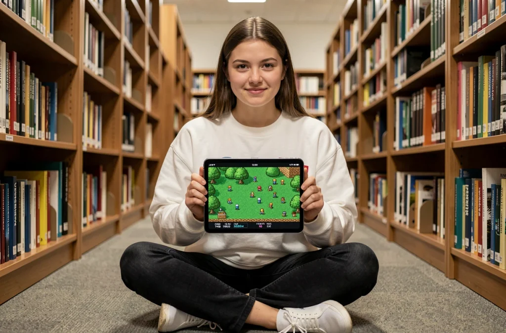 Jeune femme utilisant un émulateur Pokémon Émeraude sur iPad dans une bibliothèque universitaire
