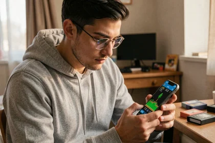 Jeune homme jouant à un jeu RPG Pokémon émulé sur un iPhone dans sa chambre