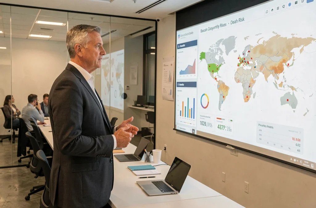 Dirigeant d'entreprise présentant un tableau de bord des risques de cybersécurité lors d'une réunion stratégique en salle de conférence