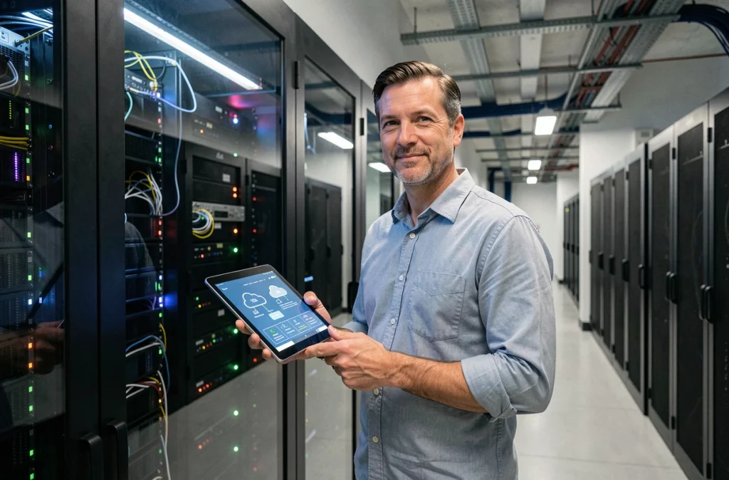 Professionnel IT debout devant une salle de serveurs tenant une tablette avec infrastructure cloud