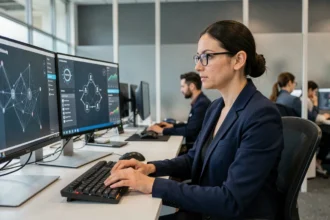 Professionnelle en cybersécurité analysant des tableaux de bord de sécurité informatique sur double écran dans un open space moderne