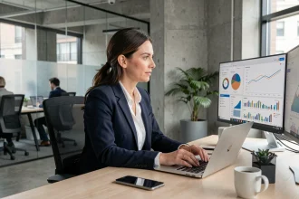 Professionnelle en bureau analysant des données sur des écrans dans un espace de travail moderne pour solutions cloud