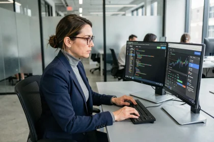 Femme professionnelle analysant des données chiffrées sur un écran d'ordinateur dans un bureau moderne, illustrant la cybersécurité et la protection des données personnelles