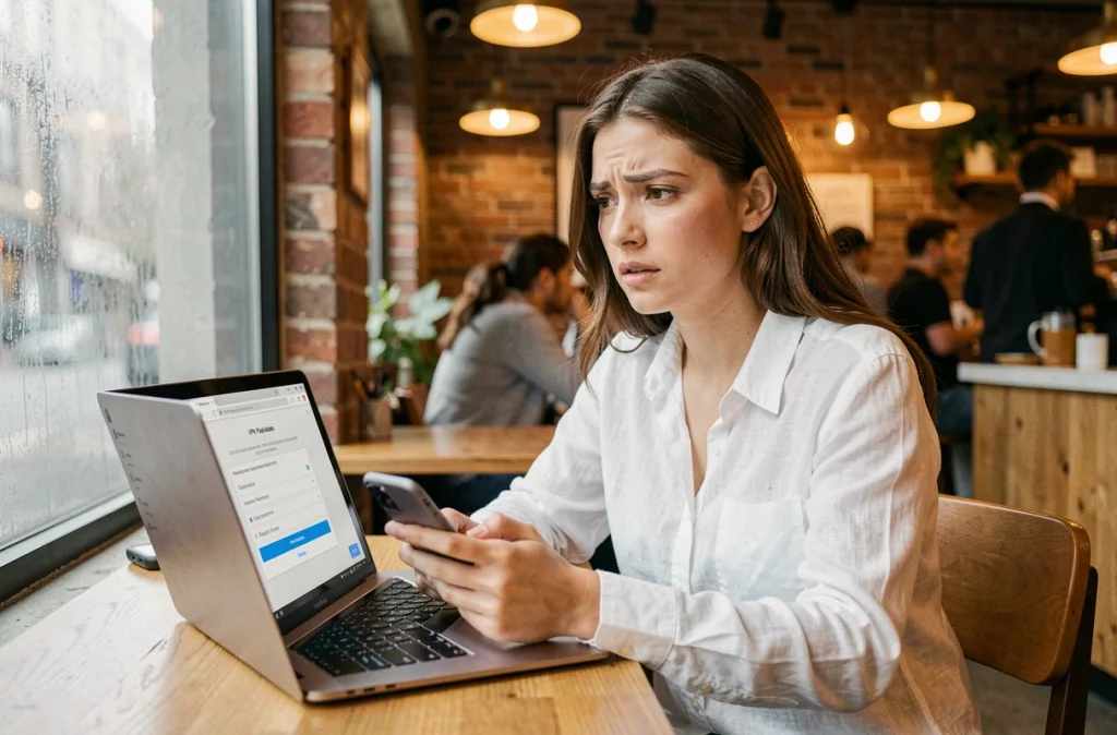 Jeune femme utilisant un VPN et la double authentification sur son ordinateur portable dans un café, représentant les bonnes pratiques de protection des données personnelles en ligne