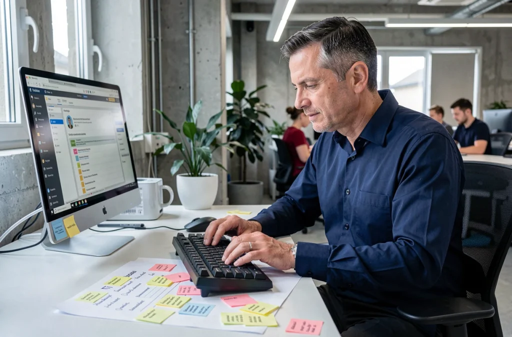 Homme consultant une fiche de raccourcis clavier posée sur son bureau tout en prenant des notes dans un open space professionnel