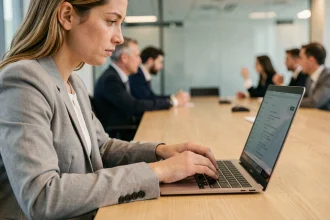 Femme en réunion d'affaires utilisant des raccourcis clavier pour prendre des notes rapidement sur son ordinateur portable