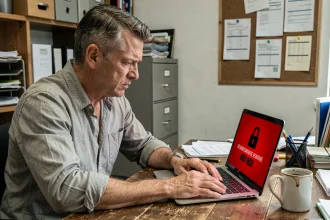 Chef d'une petite entreprise découvrant un message de ransomware sur son ordinateur portable dans un bureau encombré