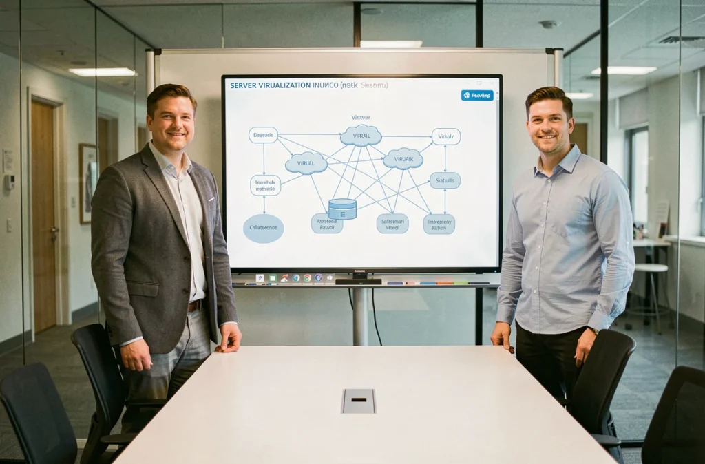 Deux collègues discutant d'une architecture de virtualisation de serveurs devant un tableau blanc en salle de réunion