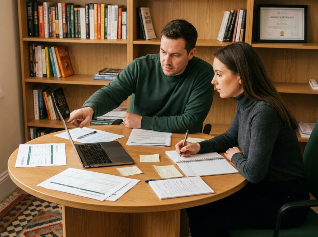 Deux experts SEO en réunion de consultation analysant des rapports de référencement local et une interface Google Search Console dans un bureau de cabinet conseil
