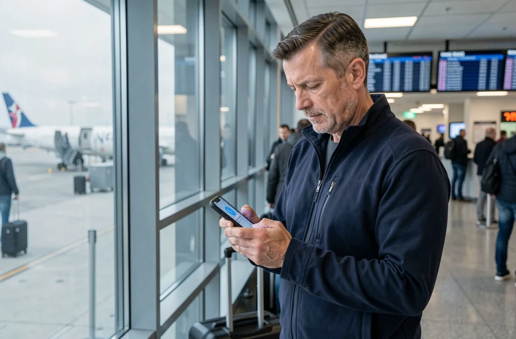 Homme consultant une alerte de sécurité réseau sur son smartphone dans un aéroport utilisant le Wi-Fi public