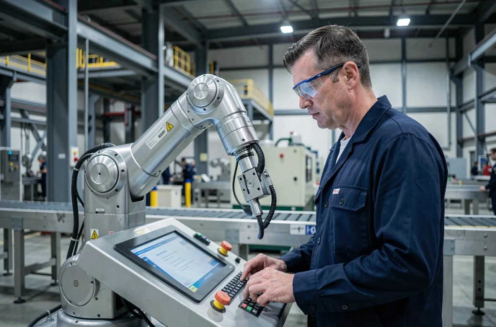 Technicien supervisant un bras robotique automatisé dans une usine industrielle moderne