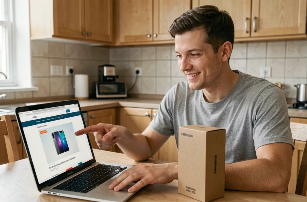 Homme comparant les prix du Samsung Galaxy A05s sur un site e-commerce depuis son domicile